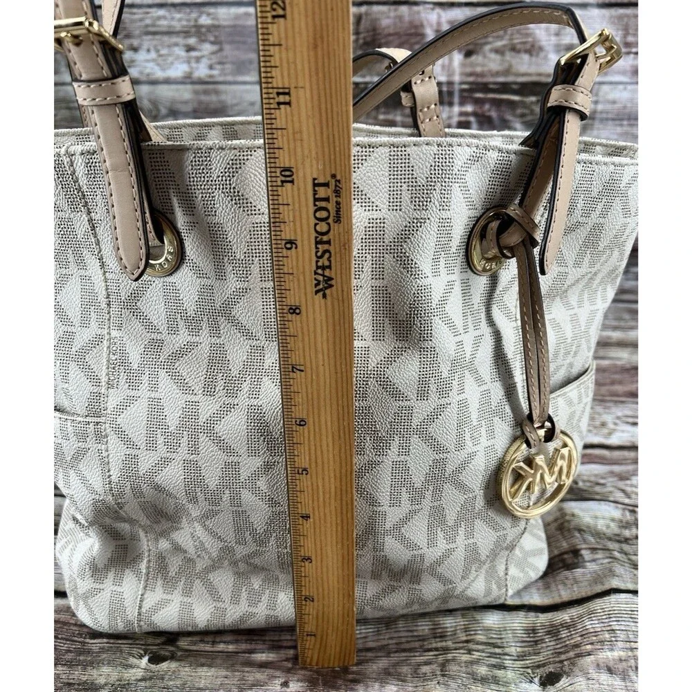 Michael Kors Large Jet Set Monogram Tote Cream & Tan Canvas Leather Shoulder Bag
